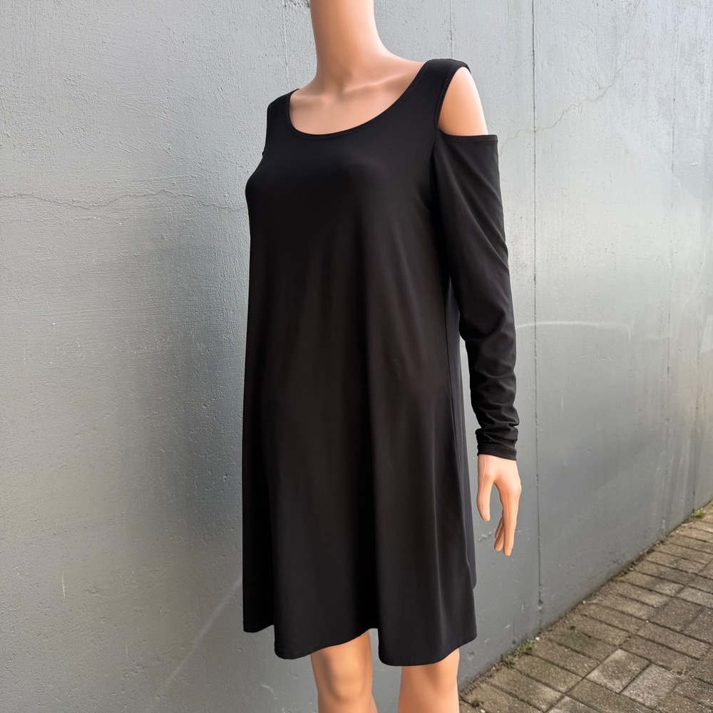 Vintage Black Cold Shoulder Long Sleeve Swing Dress Jersey Knit 2010s Style